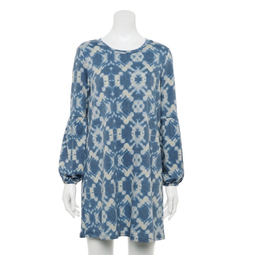 NWT Lily Rose Juniors' Lantern-Sleeve French Terry Shift Dress Tie Dye Blue SZ L